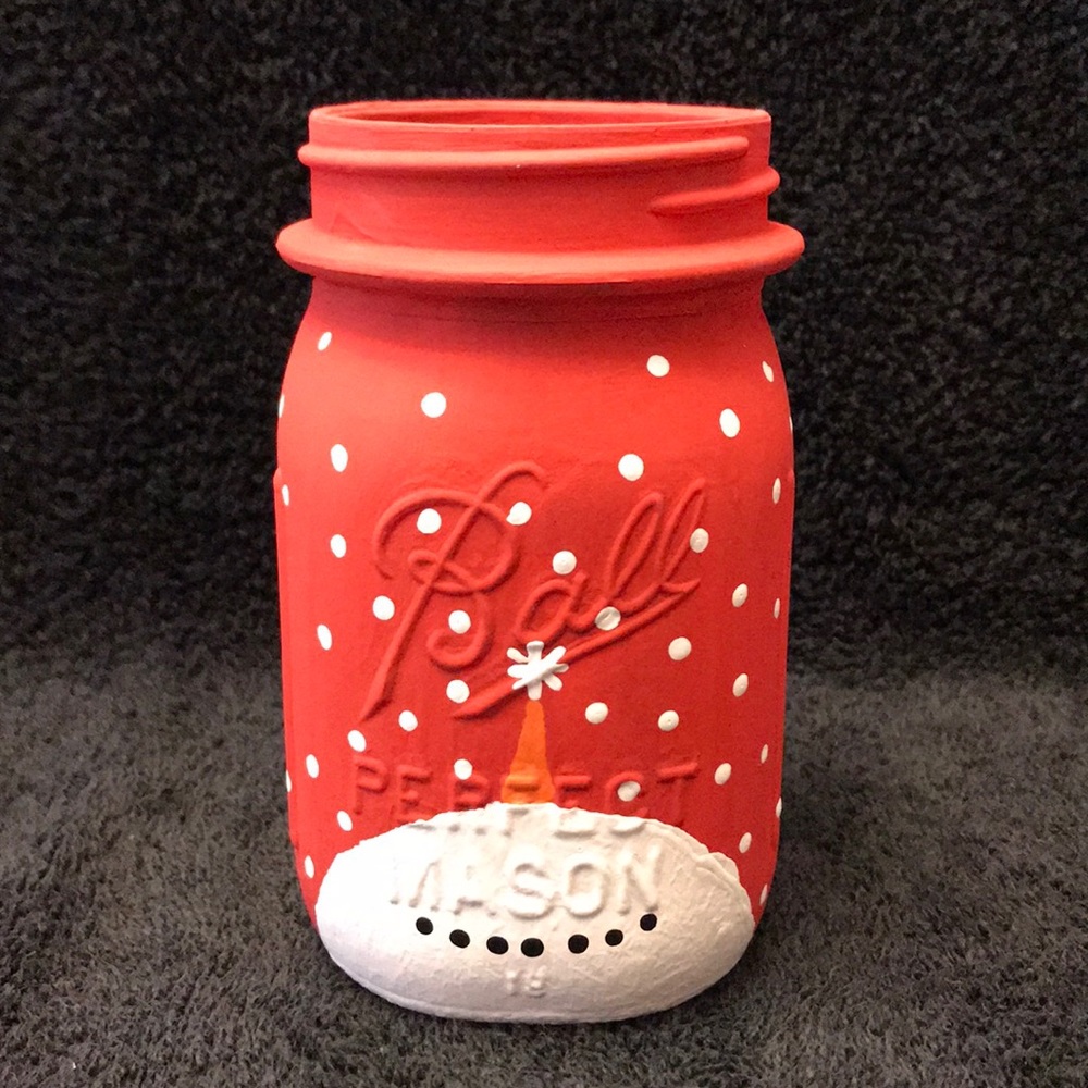 Hand Painted Pint Ball Mason Jar Snowman in Red